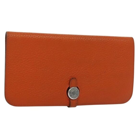 HERMES Dogon Long Wallet Leather Orange Silver Auth 140000 - Picture 1 of 16